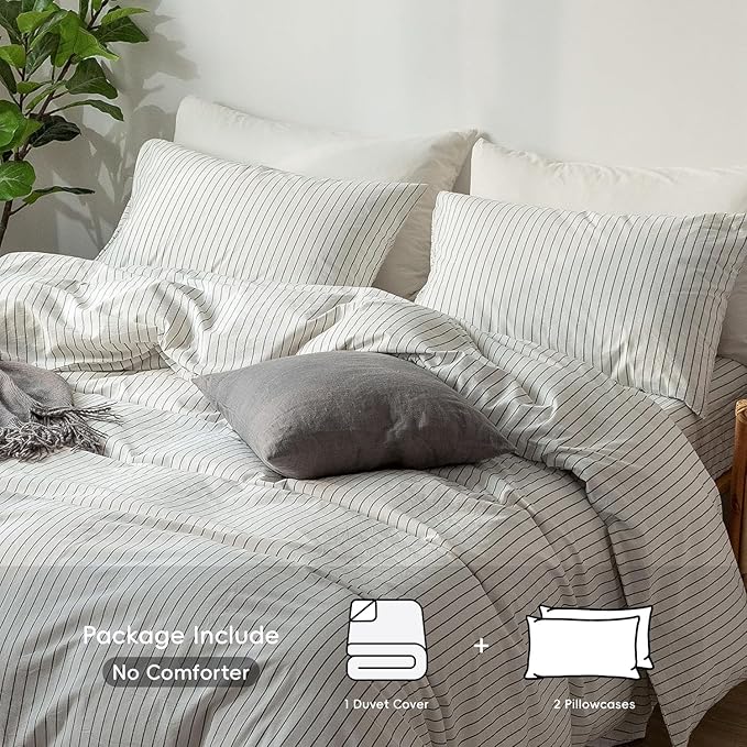 MooMee Striped Duvet Cover Set 100% Washed Cotton Linen Like Textured Breathable Durable Soft Comfy (White Dark Grey Wide Stripes, Oversized Full 82"x86")