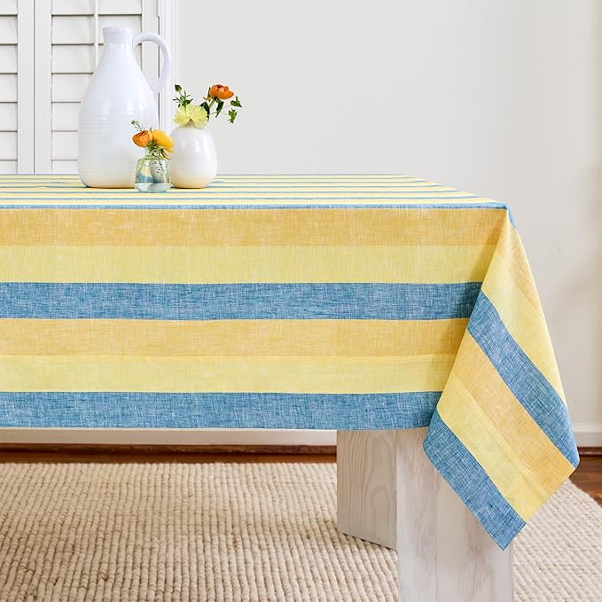 Solino Home Linen Tablecloth 60 x 90 Inch - 100% Pure Linen Bright Summer Stripe Table Cloth for Rectangle Tables - Cabana Stripe, Machine Washable Tablecloth