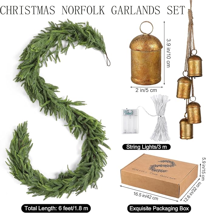 Fovths 1 Pack 6 Feet Christmas Norfolk Garlands Set Artificial Faux Greenery Garland 4 Cow Bell with Jute Hanging Rope Light String Winter Pine Garland for Xmas Indoor Holiday Decor, Green