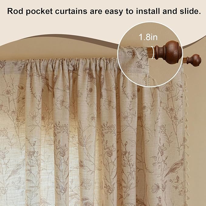 OYX Boho Curtains, Floral Curtains Beige with Garden Birds, Farmhouse Birds Drapes 63 Inches Length Semi Sheer, Rod Pocket Vintage French Country Window Curtain Set 2 Panels for Kitchen, Bedrooms