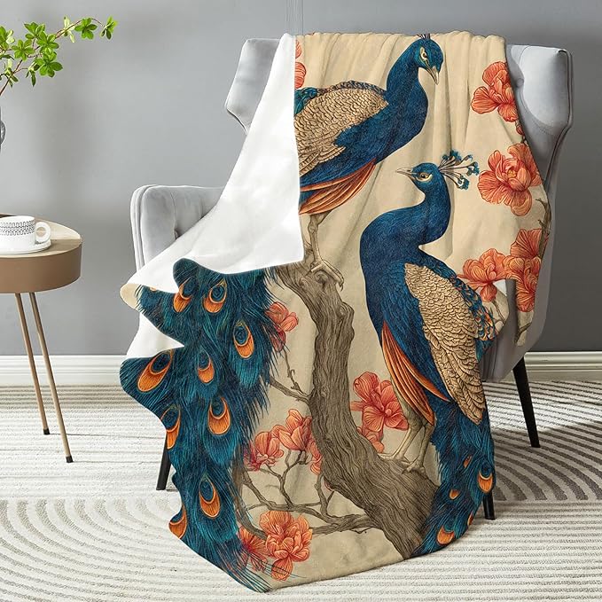 Elegant Peacock Blanket, Plush Soft Lightweight Warm Cozy Flannel 60×50 inch Throw Blanket with Exotic Bird Design for Couch, Travel, Bed, Outdoor, Gifts for Women Girls Teens Adults