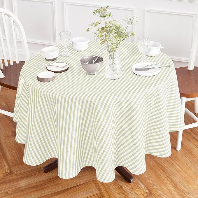 Solino Home Linen Round Tablecloth 70 Inch - Amalfi Stripe, 100% Pure Linen Sage and White Round Tablecloth - Machine Washable Table Cloth for Fall, Autumn, Thanksgiving, Christmas, Winter
