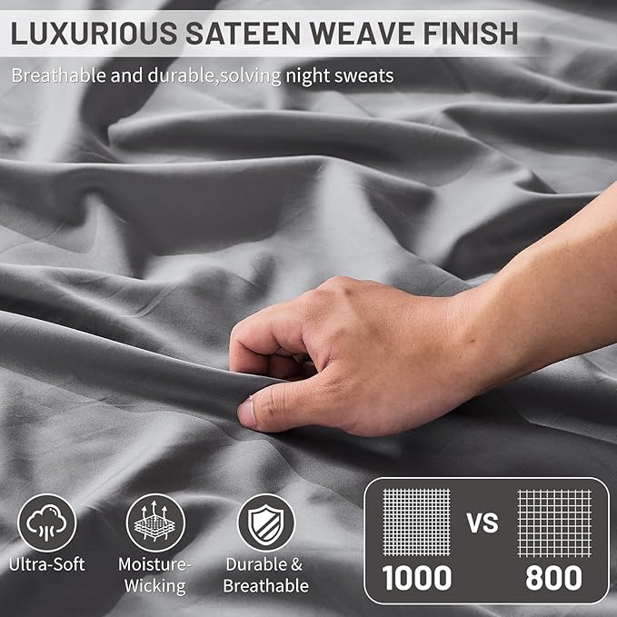 MEISHANG Extra Deep Pocket Cotton Sheets King Size - 100% Egyptian Cotton 1000 Thread Count - Fits 18"-24" in Deep Mattress,Oeko-Tex Certified, Soft & Breathable - 4 Piece (King, Silver Grey)
