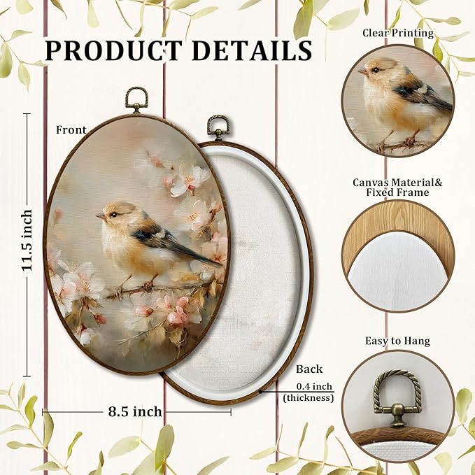 JQF Vintage Bird Floral Oval Wall Decor, Farmhouse Rustic Sparrow Floral Oval Canvas Wall Art, Retro Cottagecore Bird on Branch Framed Prints Hanging Decor for Home Bedroom Living Room, 8.5x11.5 Inch