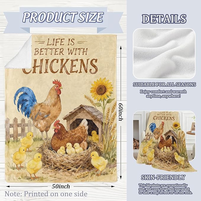 Charming Chicken Blanket, Farmhouse Country Style 80 x 60 Inch Flannel Throw Blanket, Gifts for Women Kids, Lightweight Cozy Warm Blankets for Sofa Travel Home Decor