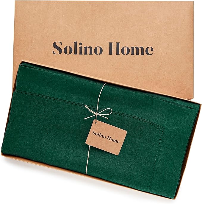 Solino Home Linen Tablecloth for Rectangle Tables 60 x 132 Inch - Classic Hemstitch 100% Pure Linen Rainforest Green Table Cloth - Machine Washable Cloth Tablecloth for Autumn, Thanksgiving, Winter