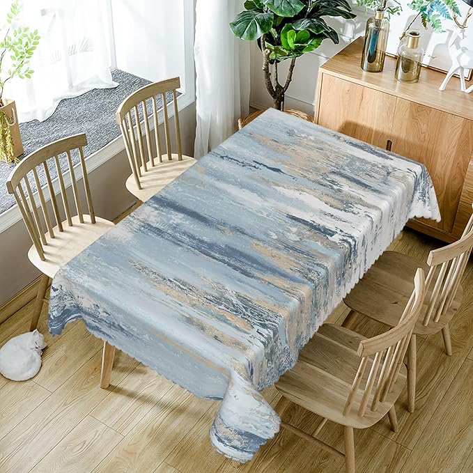 54x70inches Modern Aesthetic Stripe Tablecloth Gray Blue Brown Contemporary Abstract Painting Fabric Table Cloth Waterproof and Stain Resistant Table Cover for Kitchen Dining Room Home Decor