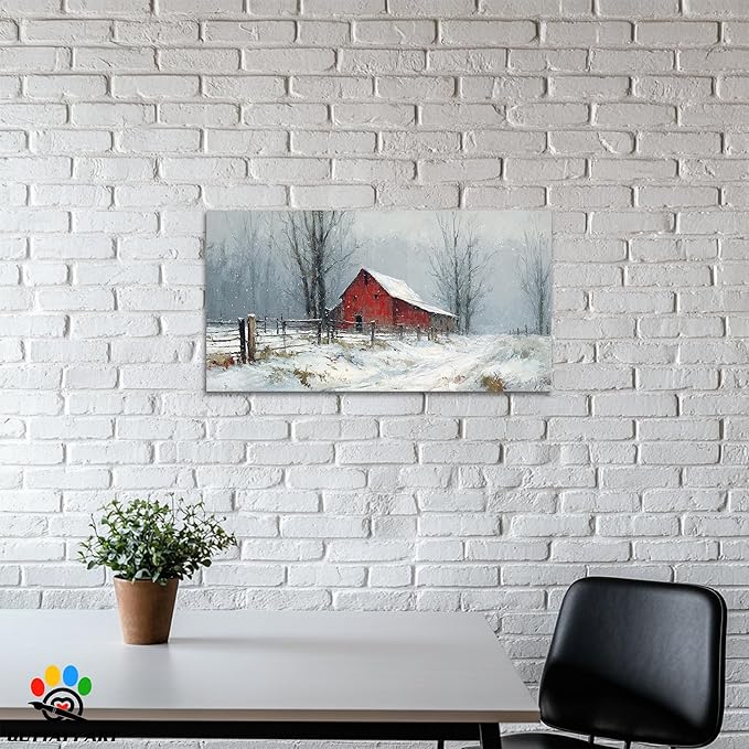 GUTTATY Christmas Winter Scene Canvas Wall Art, Rustic Red Barn Pictures, Snowy Landscape Wall Print, Country Farmhouse Canvas Painting, Festive Hanging Artwork for Living Room Decor, 48x24 Inch