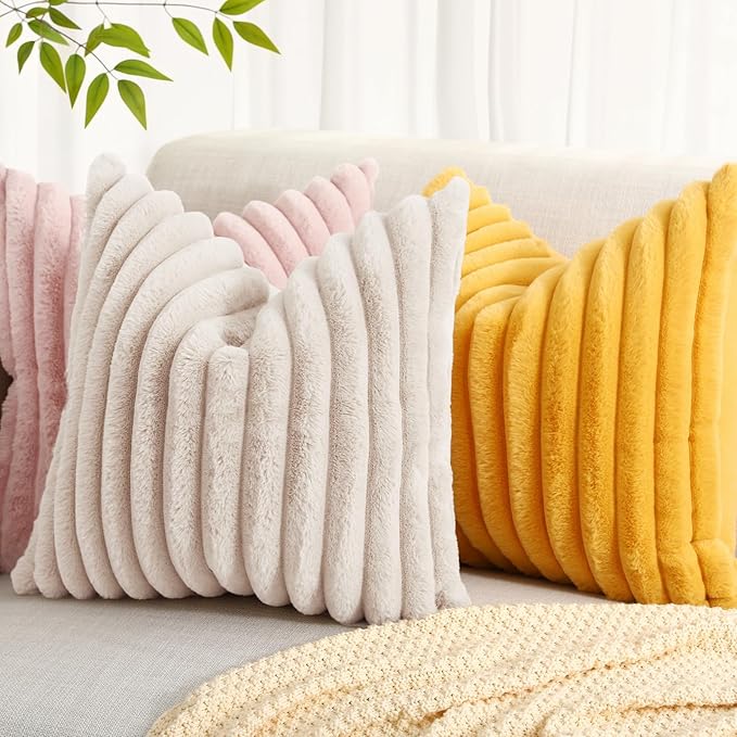 decorUhome Faux Fur Christmas Throw Pillow Covers 22x22 Set of 2, Decorative Soft Plush Striped Neutral Couch Euro Pillow Covers with Velvet Back for Sofa, Bed, Living Room Home Decor, Beige