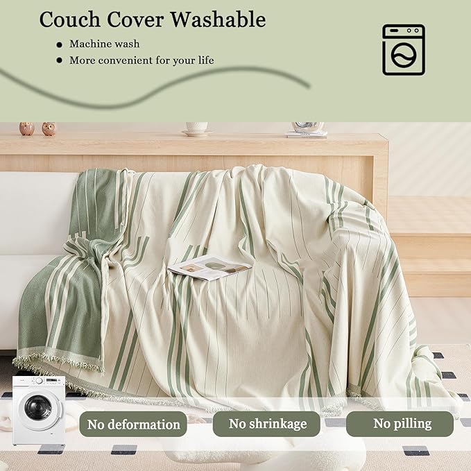 DREAMINGO Couch Cover Reversible Chenille Furniture Protector Sofa Covers for Dogs Pets Beige Green Couch Cover for 3 Cushion Couch Sofa Vertical Stripe Jacquard Sofa Slipcover Sectional, 71"x150"