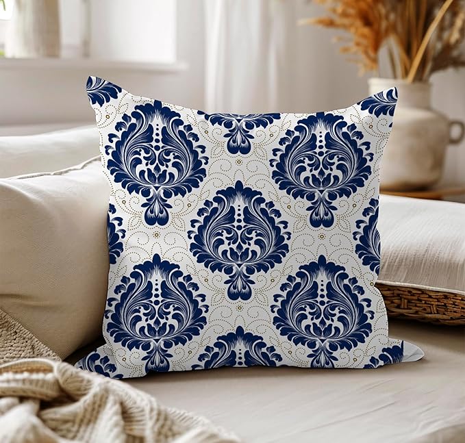 LOVOUS Navy Blue and White Damask Throw Pillow Covers 18x18 Inch Set of 2, Vintage Linen Decorative Pillow Covers for Bed Couch Sofa Bedroom Living Room Home Decor, B19