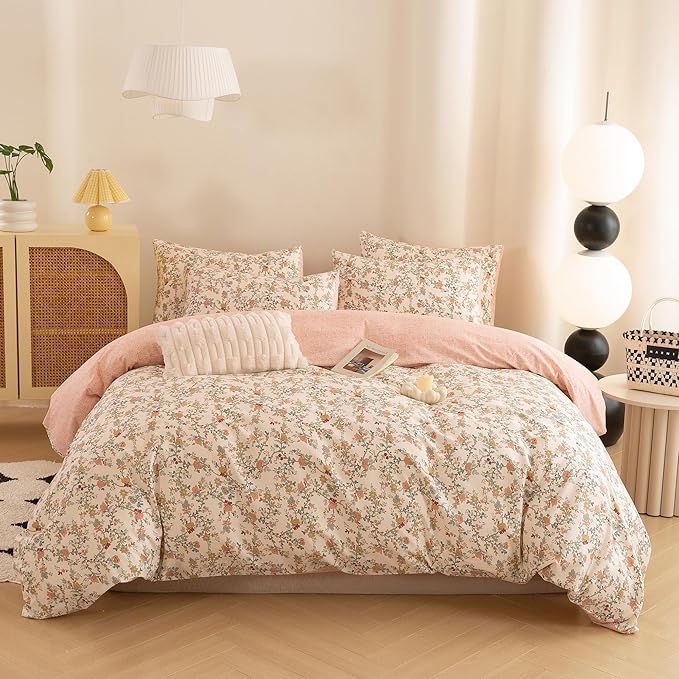 ECOCOTT Reversible Floral Duvet Cover Queen Size – 3 Piece 100% Washed Cotton Bedding Set, Soft Breathable Comforter Cover with Zipper Closure & Corner Ties