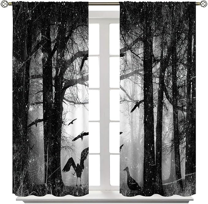 Gothic Forest Blackout Window Curtains, Halloween Style Foggy Forest Dead Trees Crow Print Curtains, for Bedroom Living Room 42(W)*84(L) 2 Panels