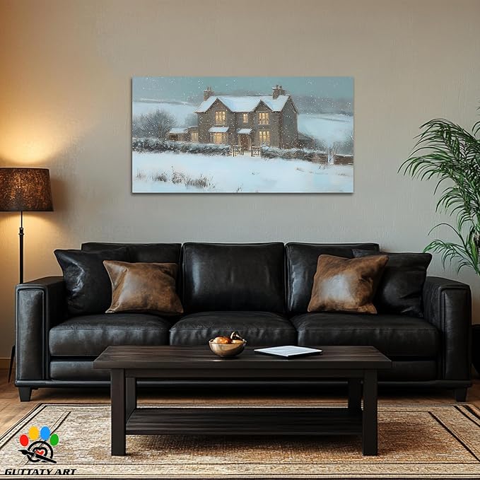 GUTTATY Christmas Winter Canvas Wall Art, Cozy House Snow Scene Canvas Painting, Christmas Winter Landscape Poster for Living Room, Office Decor, Gift for Family, 48x24 Inch