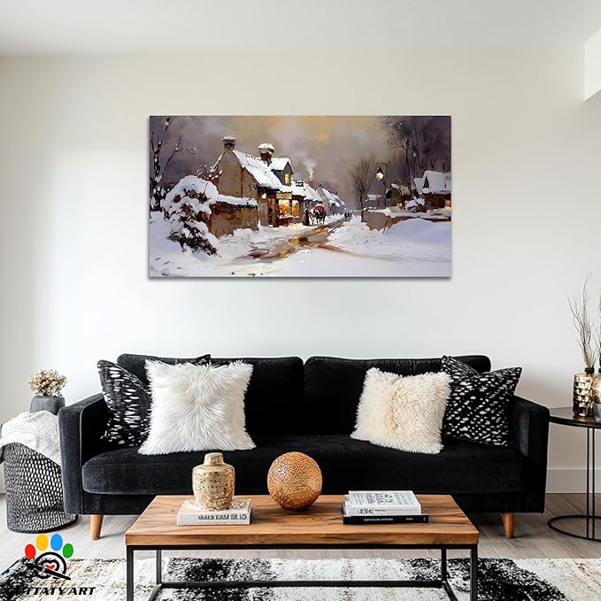 GUTTATY Christmas Winter Scene Canvas Wall Art, Snowy Village Canvas Prints, Cozy Town Holiday Picture Wall Decor, Rustic Winter Landscape Poster for Living Room Bedroom, 32x16 Inch