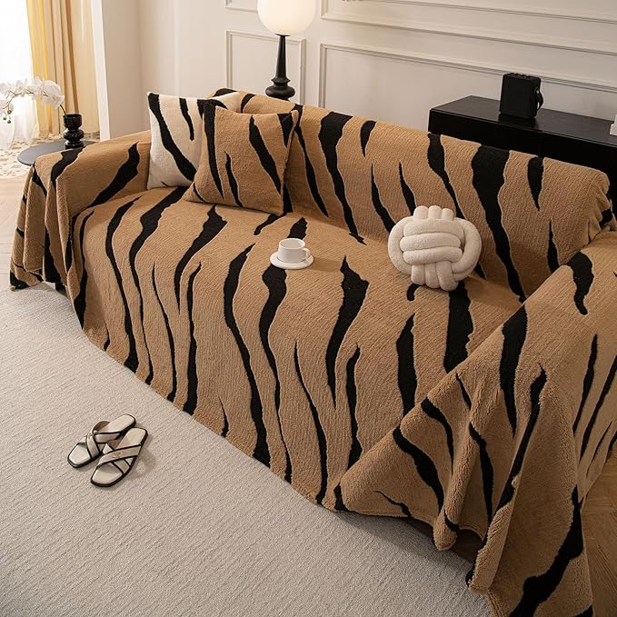 ROOMLIFE Striped Boho Khaki Couch Cover for 2-3 Cushion Sofa, Fuzzy Plush Warm Sofa Slipcovers Sectional Sofas Covers, Non Slip Washable Furniture Protector Soft with Tassel,Winter 71''X118”
