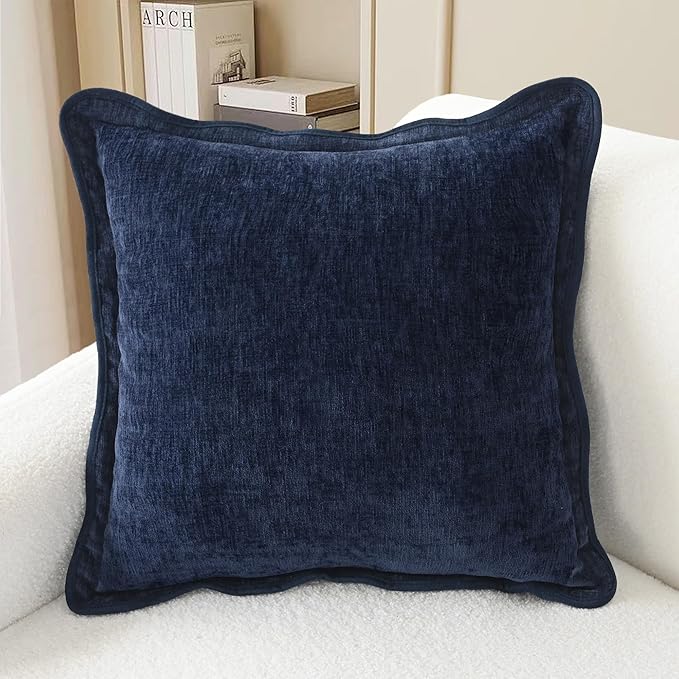 CaliTime Throw Pillow Covers Decorative 18 X 18 Inches Pack of 2 Cozy Chenille Scalloped Wavy Edge Cushion Cases for Couch Sofa Bed Living Room Farmhouse Navy Blue