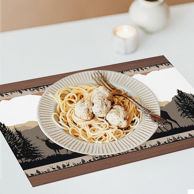 Bear Deer Placemat Set of 4, 12x18 Inch Retro Farmhosue Wildlife Aniamal Wooden Forest Tree Cabin Country Lodge Brown Coffee Table Mats for Outdoor Kitchen Dining Table Decoration