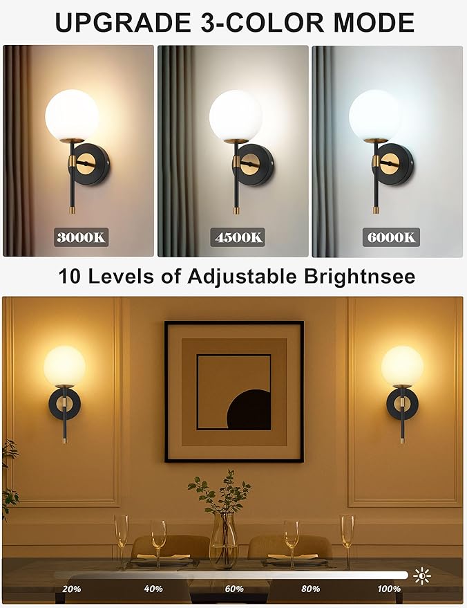 Battery Operated Globe Wall Sconces Set of 2, Black & Gold Wireless Wall Lights with Remote Control, Rechargeable 3 Color Stepless Dimming Modern Wall Decor Lamp for Bedroom Living Room Hallway
