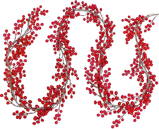 Lulu Home Red Berry Garland, 8.9FT Flexible Artificial Christmas Holly Berry Vine, Winter Berry Garland for Mantle Xmas Tree Window Door Hanging Indoor Outdoor Holiday Decoration (1)
