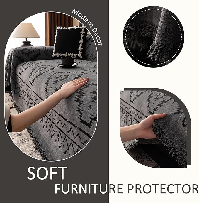 VClife Couch Cover Sofa Cover Washable Sofa Protector, Non Slip Couch Covers for 2 Cushion Couch Sofa Modern Tribal Pattern Sofa Slipcover Dog Furniture Protector, Soft Chenille, Dark Gray, 71"X118"