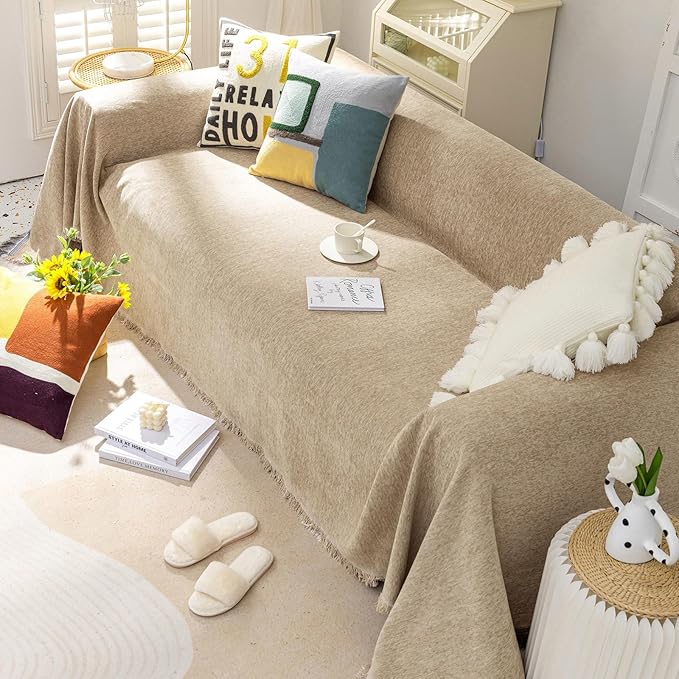 VClife Beige Couch Cover for Sofa 1 Piece Modern Minimalism Couch Cover for 3 Cushion Couch Sofa Slipcover Washable Soft Chenille Sofa Covers Furniture Protector for Bedroom Living Room 71''x150''