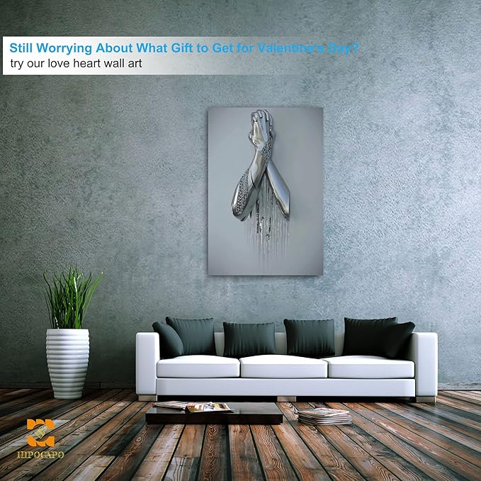 3D Wall Art Decor Artwork - 3D Metal Effect Wall Art hands clasped for Modern Wall Art, Large Wall Art for Bedroom Dercorations Framed 32”x48”x1Pcs