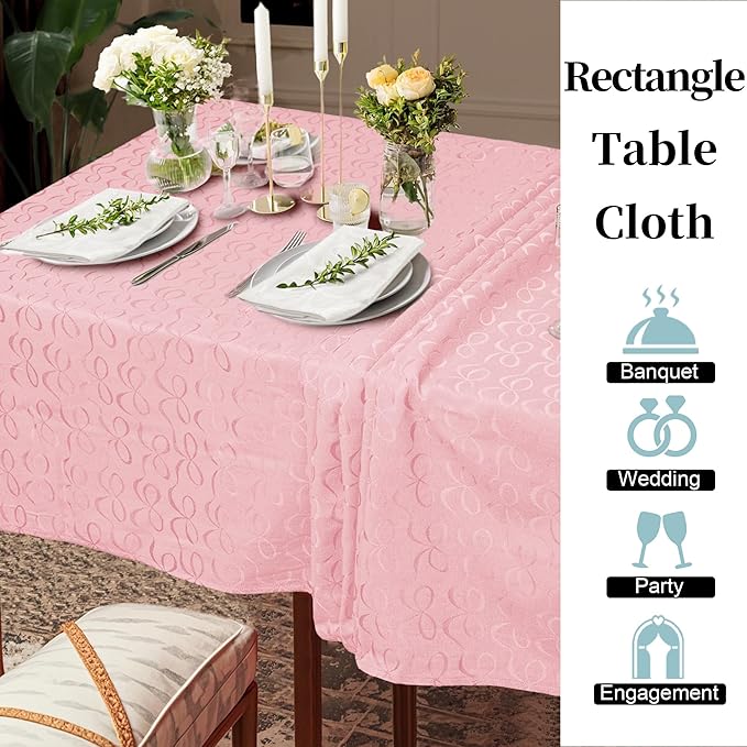 Pink Tablecloth Fabric (1PC, 60"x102"), 6ft Table Cover (8-10 Seat) - Cotton Polyester Blend, Fade Resistant, Reusable & Washable, Jacquard Table Cloth for Banquet, Birthday & Wedding, Bows Pattern