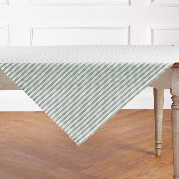Solino Home Linen Tablecloth 52 x 52 Inch - Amalfi Stripe, 100% Pure Linen Green and White Square Tablecloth - Machine Washable Table Throw for Fall, Autumn, Christmas, Holiday