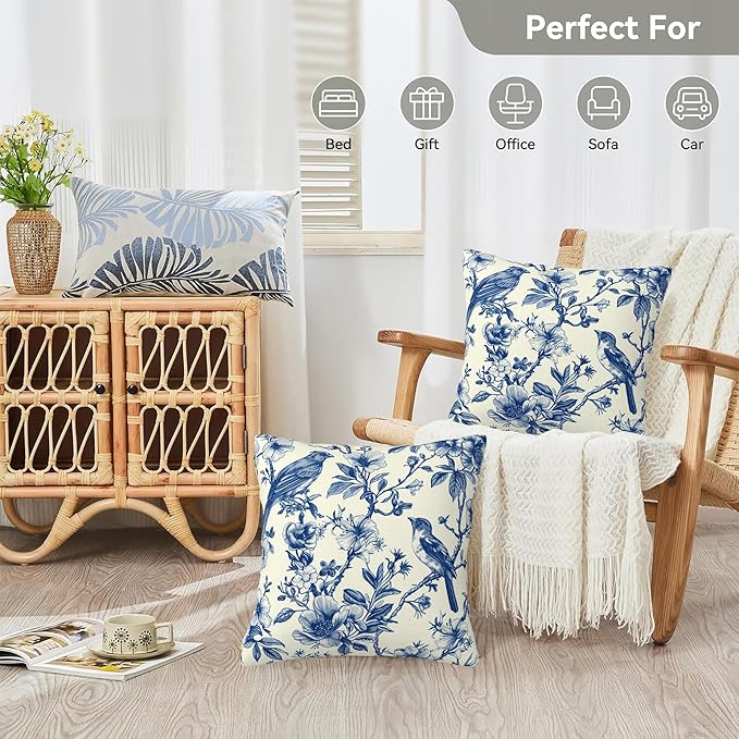 Blue Bird and Flowers Pillow Covers 18X18 Set of 2, Vintage Toile Wild Floral Decorative Throw Pillow Covers, Pillowcase Cushion Case for Home Sofa Couch Indoor Outdoor Decorations