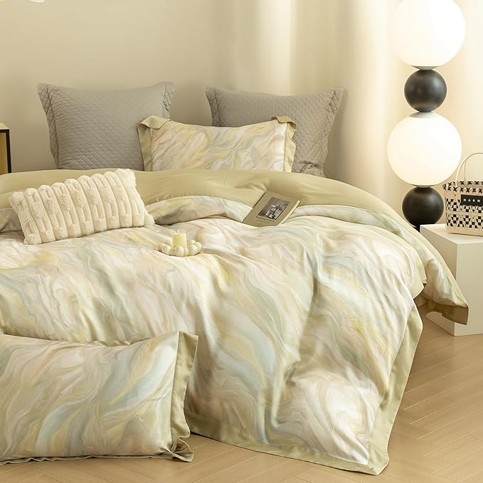 ECOCOTT Bedding 3-Piece Duvet Cover Set Queen Size – Silky Soft 100% Lyocell, Cooling & Breathable for Hot Sleepers, Ultra-Soft with Elegant Marble Pattern, Moisture-Wicking