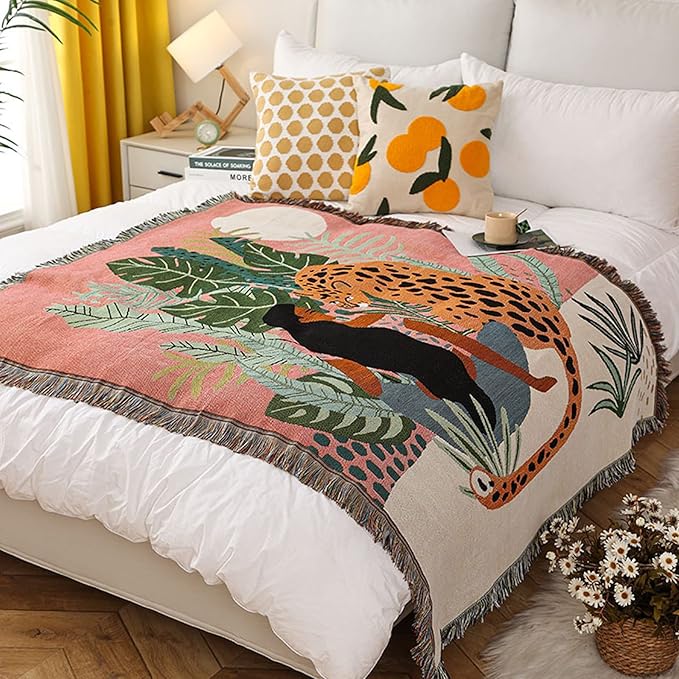 Double-Sided Cotton Woven Throw Blanket with Tassel Jungle Bohemian Style Tapestry Shawl Multi-Function Decorative Throws for Sofa Bed Armchair Camping Blanket Tablecloth Carpet 160x130cm