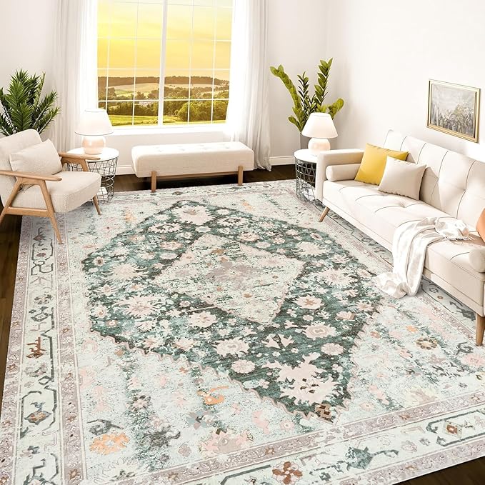 Istana 9x12 Area Rug - Light Green/Beige 9 x 12 Area Rugs for Living Room - Foldable 9x12 Rugs for Bedroom - Stain Resistant Washable Rug - Eco-Friendly Area Rugs Living Room
