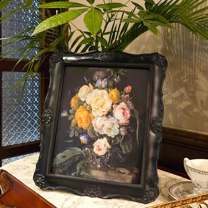 SYLVIA'S SHOP 8x10 Vintage Picture Frame, Antique Black Ornate Photo Frame, for Tabletop and Wall Display, Decorative Floral Design Retro Home Decor, Photo Gallery Art