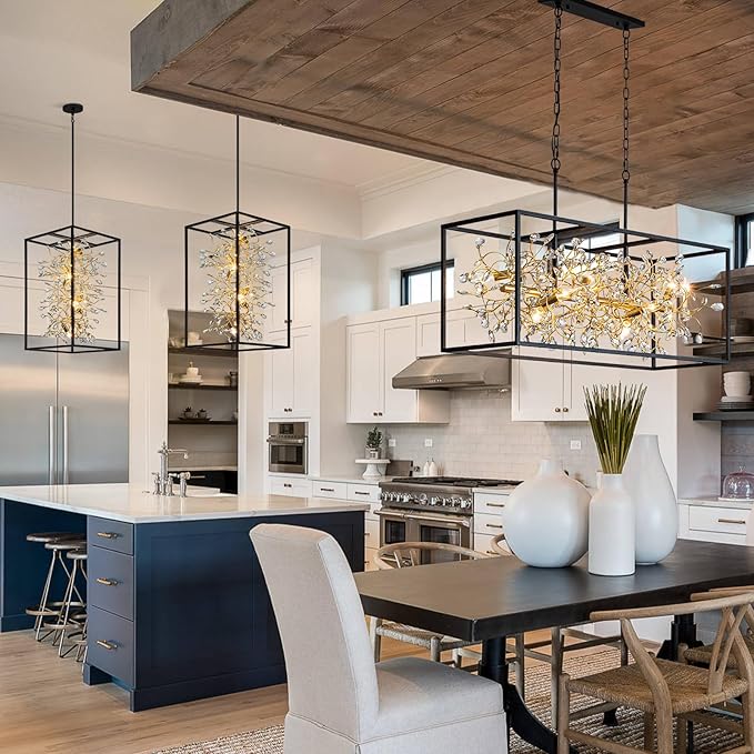 Vezzio Black and Gold Chandelier, 8-Light Rectangle Crystal Chandeliers Rectangular Modern Luxury Pendant Light Fixture for Dining Room Kitchen Island Large, L38.5 Inch