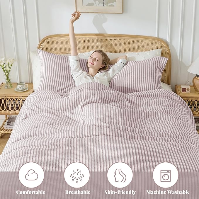 MILDLY Jacquard Stripe Duvet Cover - 100% Washed Cotton Pale Pink Boho Textured Comforter Cover 3pcs with Zipper Closure 90"x90"