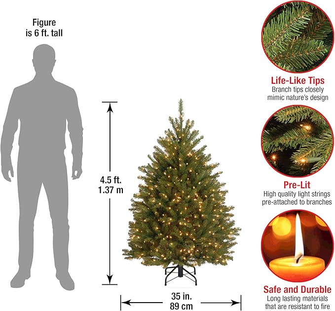 National Tree Company 4.5 ft Pre-Lit Dunhill Fir Artificial Christmas Tree, 450 Clear Lights, 763 Tips, Includes Stand, Green