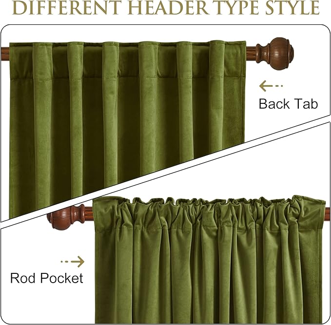StangH Olive Green Curtains - Super Soft Velvet Room Darkening Drapes 90 inches Back Tab Home Decoration for Living Dining Room/Nursery Bedroom, W52 x L90, 2 Panels