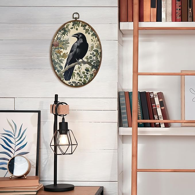KFXHANGD Gothic Black Raven Crow Oval Wall Art Framed, Vintage Dark Academia Rustic Raven Botanical Canvas Wall Art Decor, Moody Crow Hanging Decor for Bedroom Living Room, 8.7x11.3 In
