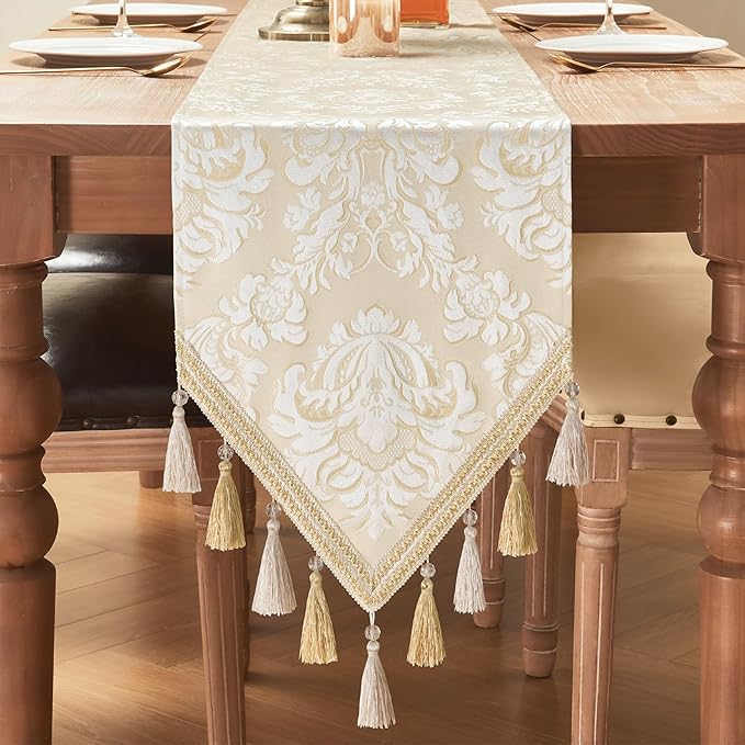 Loom and Mill Elegant Jacquard Table Runner 72 inches Long, Luxury Floral Table Runners with Handmade Multi-Tassels for Dining Room Dresser Party Holiday Banquet Decoration (Beige+White,13x72 inch)