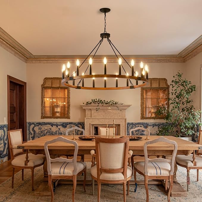 Wood Wagon Wheel Chandeliers for Dining Room 20-Light, 40'' Modern Farmhouse Chandelier, Rustic Light Fixtures for Foyer Kitchen Island Living Room Entryway, E12