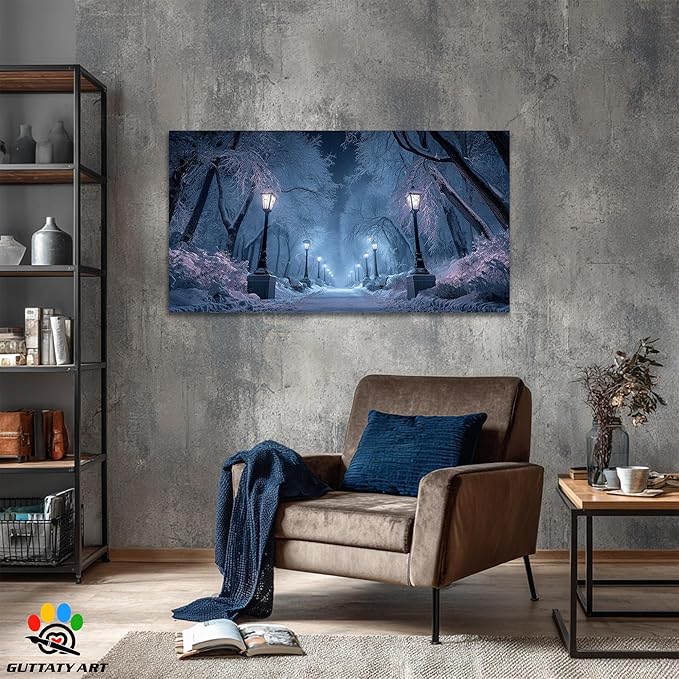 GUTTATY Winter Scene Christmas Canvas Wall Art, Blue Frosty Landscape Canvas Prints, Snowy Pathway Illuminated by Street Lamps, Park Winter Pictures Wall Decor for Living Room, Bedroom, 32x16 Inch