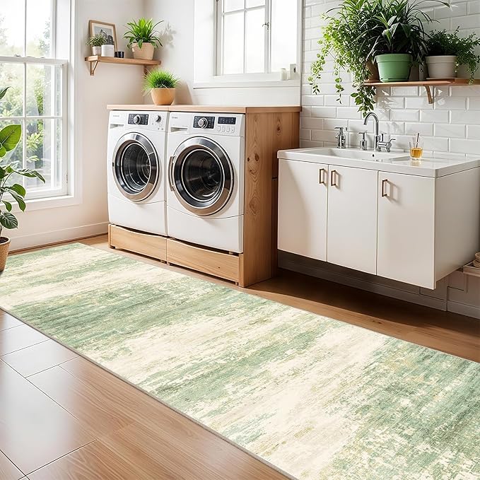 2.6x8 Modern Abstract Rug Washable Area Rugs for Living Room Bedroom Dining Room Non-Slip Low Pile Neutral Large Rug Soft Indoor Floor Carpet, Green