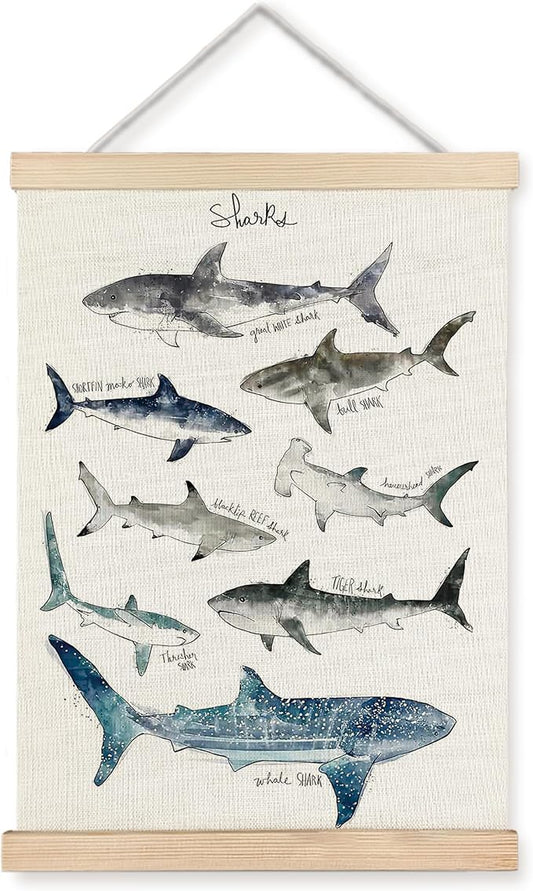 ignytiger Ocean Sharks Canvas Wall Art Decor Framed, Marine Biology Decor, Shark Wall Decor for Bedroom Bathroom,12x16 Inches