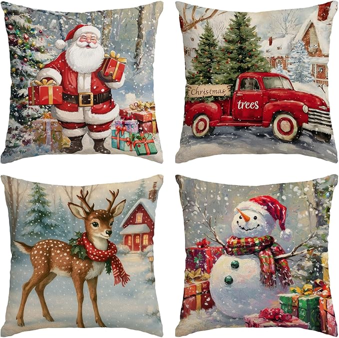 Neatee Living Christmas Pillow Covers 18x18 Set of 4 Farmhouse Xmas Vintage Throw Pillows Christmas Tree Deer Snowman Pillow Cases Outdoor Sofa Couch Cushion Covers for Home Decorations (18 by 18)