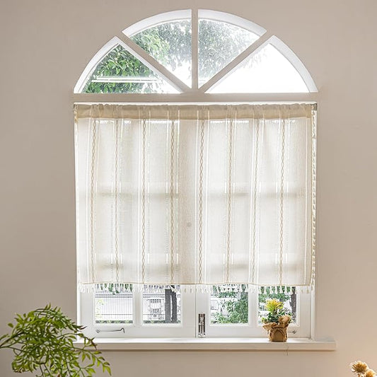Sutuo Home Ivory Boho Curtain 52W x 18L inch White Striped Light Filtering Short Valance, 1 Panel Embroidery Bohemian Farmhouse Country Kitchen Window Treatment Decor for Small Closet