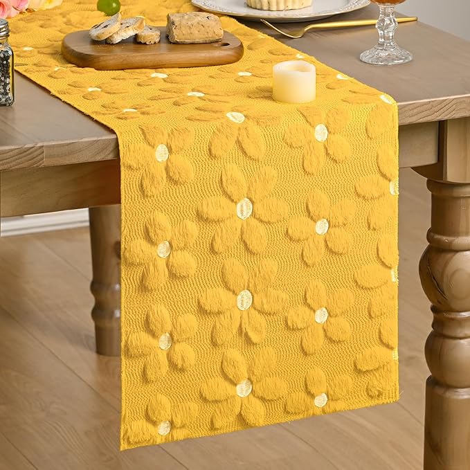Artoid Mode Yellow Soft Plush Faux Fur Jacquard Embroidery Daisy Spring Table Runner, Kitchen Dining Table Decoration for Home Party Decor 13x36 Inch