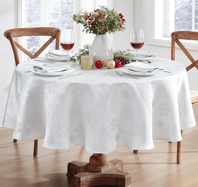 Newbridge Fancy Metallic Snowflake Christmas Fabric Napkins, Set of 4, White Silver, No-Iron Soil Resistant Sparkling Snowflakes Woven Holiday Cloth Napkins
