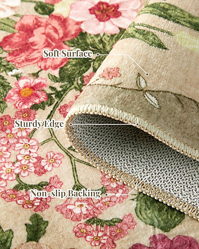 Floral Runner Rug 2x6 - Washable Vintage Kitchen Rug Low Pile Non-Slip Carpet for Entryway Hallway, Laundry, Bedroom - Soft, Stain Resistant Indoor Area Rug - Brown