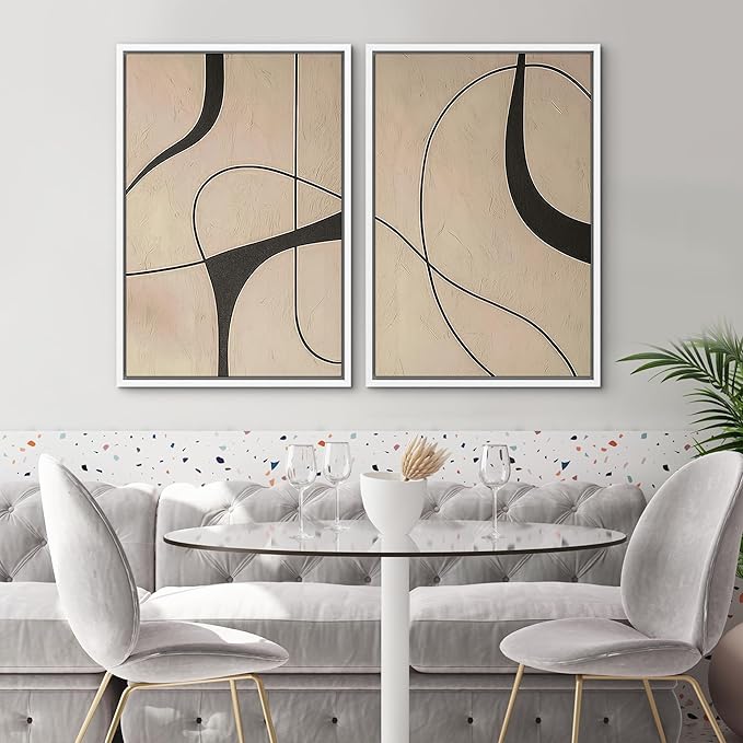 SIGNWIN Framed Canvas Print Wall Art Set Modern Beige and Black Abstract Curve Minimalist Geometric Modern Art Minimal Boho Relax/Calm for Living Room, Bedroom, Office - 16"x24"x2 White